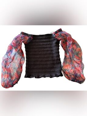 Anthropologie Calligraphie 
Black Smocked Top with Floral Puff Sleeves